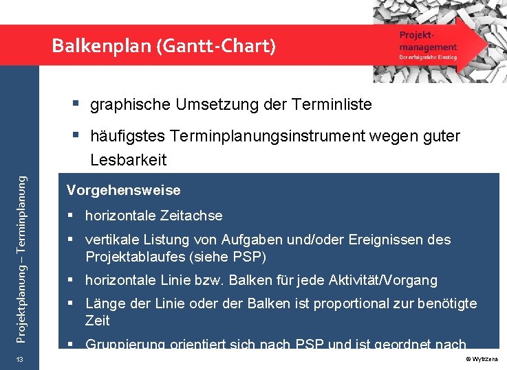 Balkenplan (Gantt-Chart) § graphische Umsetzung der Terminliste § häufigstes Terminplanungsinstrument wegen guter Projektplanung –