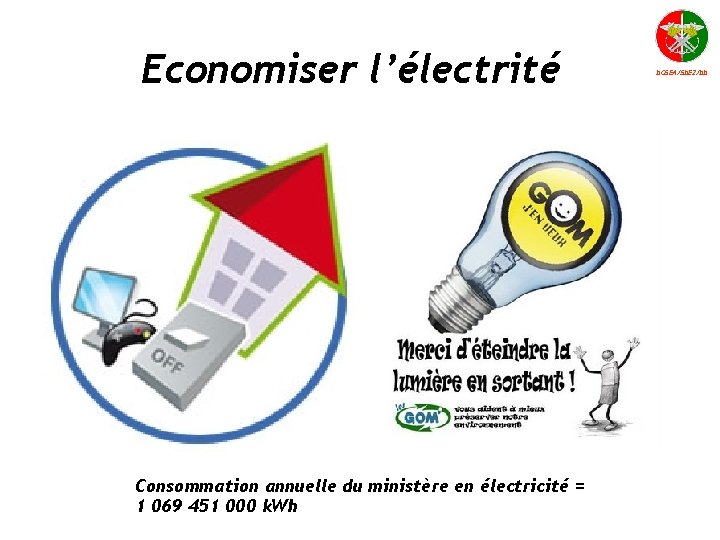 Economiser l’électrité Consommation annuelle du ministère en électricité = 1 069 451 000 k.