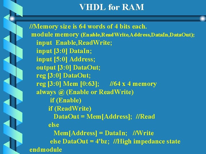 VHDL for RAM //Memory size is 64 words of 4 bits each. module memory VHDL for RAM //Memory size is 64 words of 4 bits each. module memory