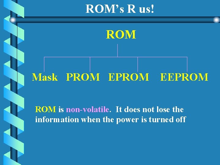 ROM’s R us! ROM Mask PROM EEPROM is non-volatile. It does not lose the ROM’s R us! ROM Mask PROM EEPROM is non-volatile. It does not lose the