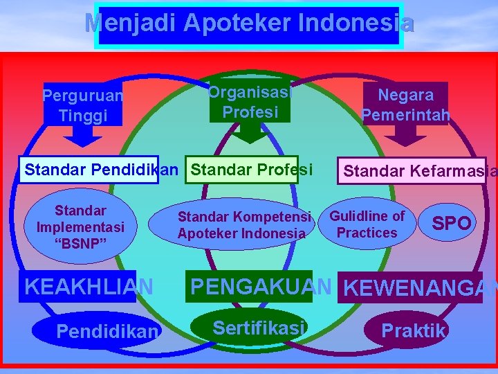 Menjadi Apoteker Indonesia Perguruan Tinggi Organisasi Profesi Standar Pendidikan Standar Profesi Standar Implementasi “BSNP”