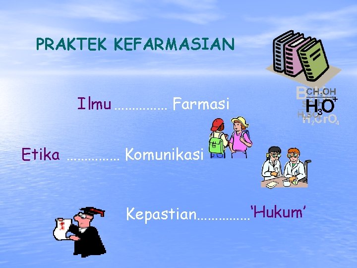 PRAKTEK KEFARMASIAN Ilmu …………… Farmasi Etika …………… Komunikasi Kepastian……………‘Hukum’ 