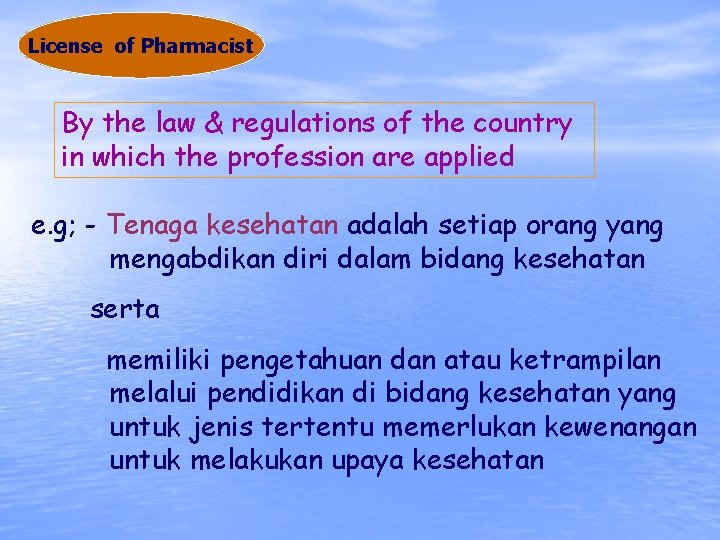License of Pharmacist By the law & regulations of the country in which the