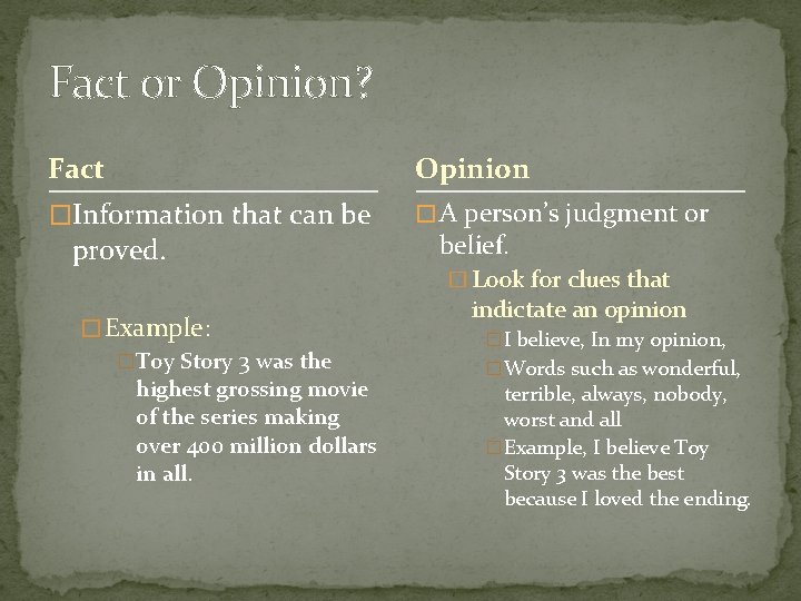 Fact or Opinion? Fact Opinion �Information that can be � A person’s judgment or