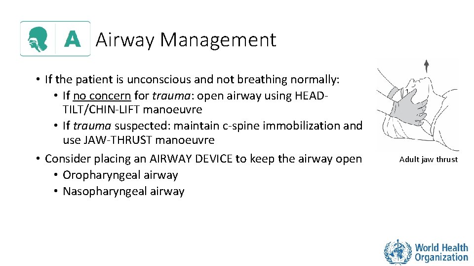 Airway Management • If the patient is unconscious and not breathing normally: • If