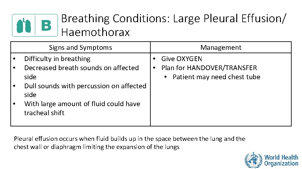 Breathing Conditions: Large Pleural Effusion/ Haemothorax • • Signs and Symptoms Management Difficulty in