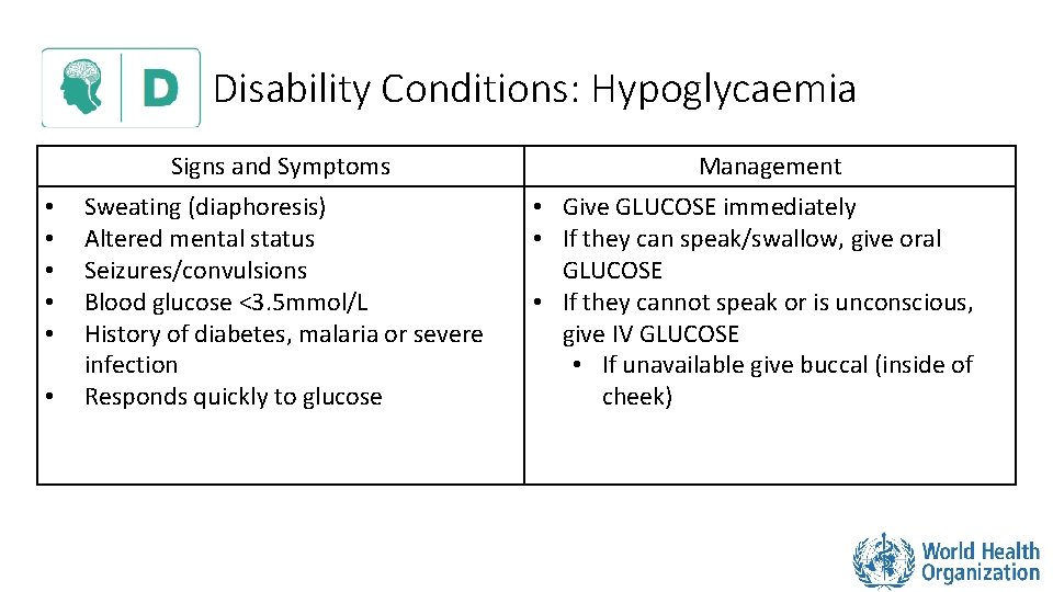 Disability Conditions: Hypoglycaemia Signs and Symptoms • • • Sweating (diaphoresis) Altered mental status