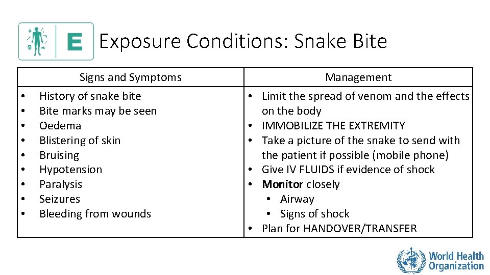 Exposure Conditions: Snake Bite Signs and Symptoms • • • History of snake bite