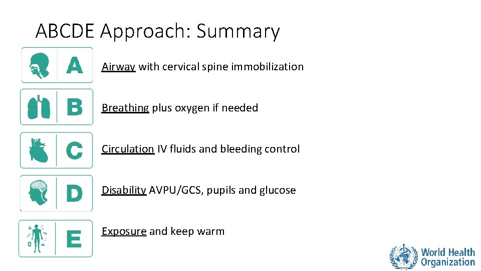 ABCDE Approach: Summary Airway with cervical spine immobilization Breathing plus oxygen if needed Circulation