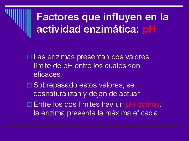 Factores que influyen en la actividad enzimática: p. H o Las enzimas presentan dos