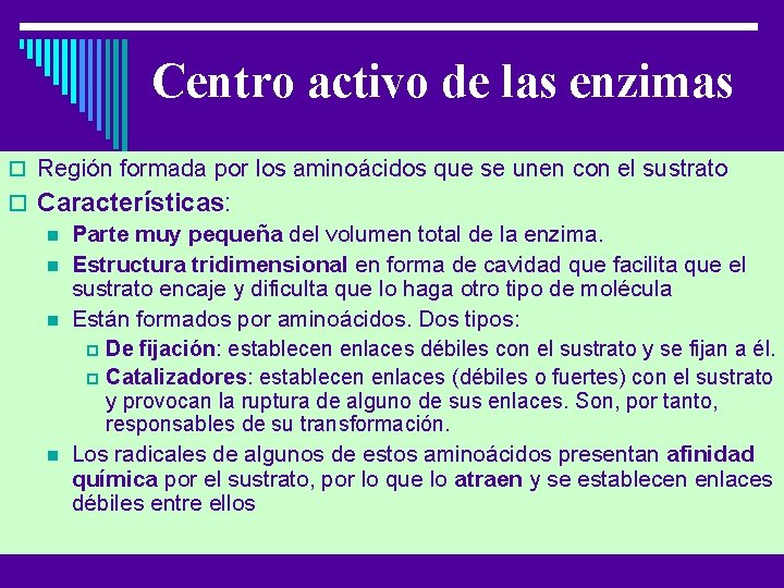 Centro activo de las enzimas o Región formada por los aminoácidos que se unen