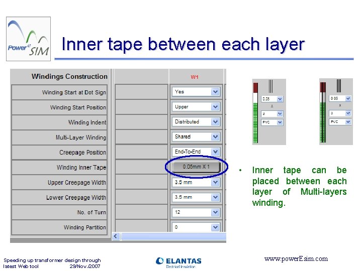 Inner tape between each layer • Speeding up transformer design through latest Web tool