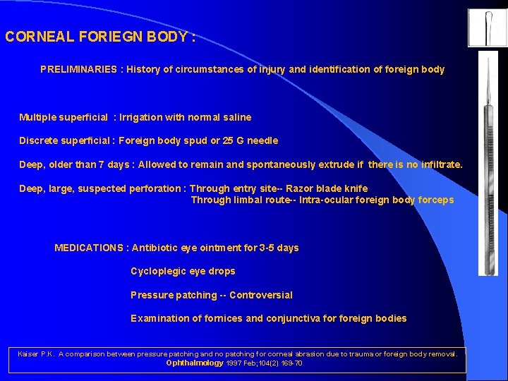 CORNEAL FORIEGN BODY : PRELIMINARIES : History of circumstances of injury and identification of