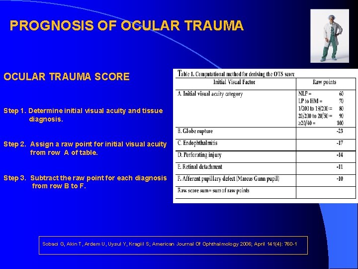 PROGNOSIS OF OCULAR TRAUMA SCORE Step 1. Determine initial visual acuity and tissue diagnosis.