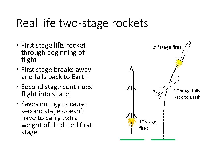 Real life two-stage rockets • First stage lifts rocket through beginning of flight •