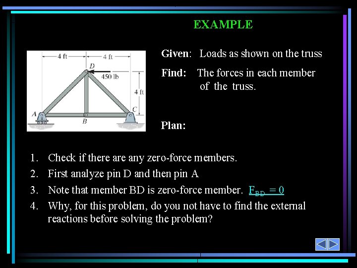 EXAMPLE Given: Loads as shown on the truss Find: The forces in each member