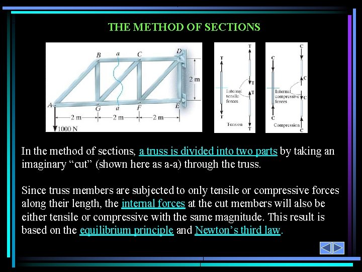 THE METHOD OF SECTIONS In the method of sections, a truss is divided into