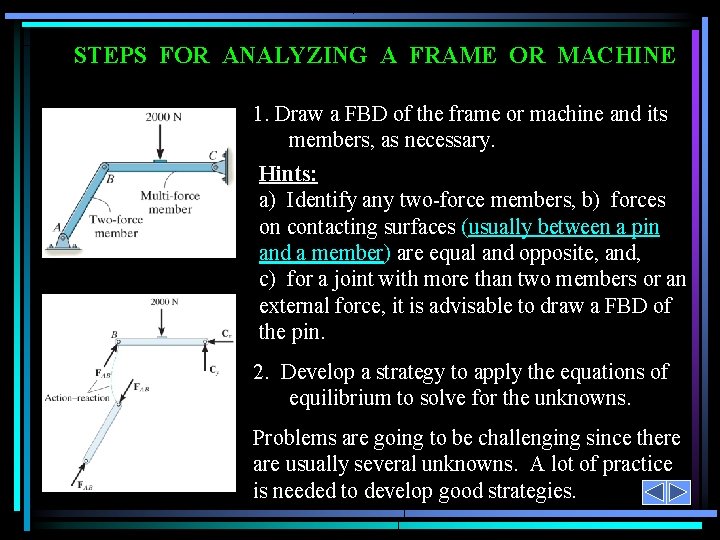 STEPS FOR ANALYZING A FRAME OR MACHINE 1. Draw a FBD of the frame