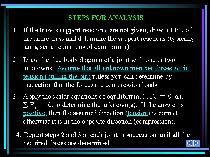 STEPS FOR ANALYSIS 1. If the truss’s support reactions are not given, draw a