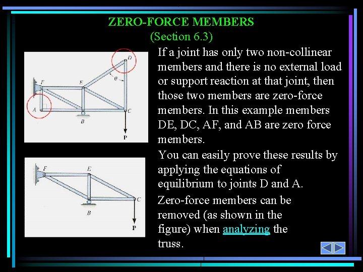 ZERO-FORCE MEMBERS (Section 6. 3) If a joint has only two non-collinear members and