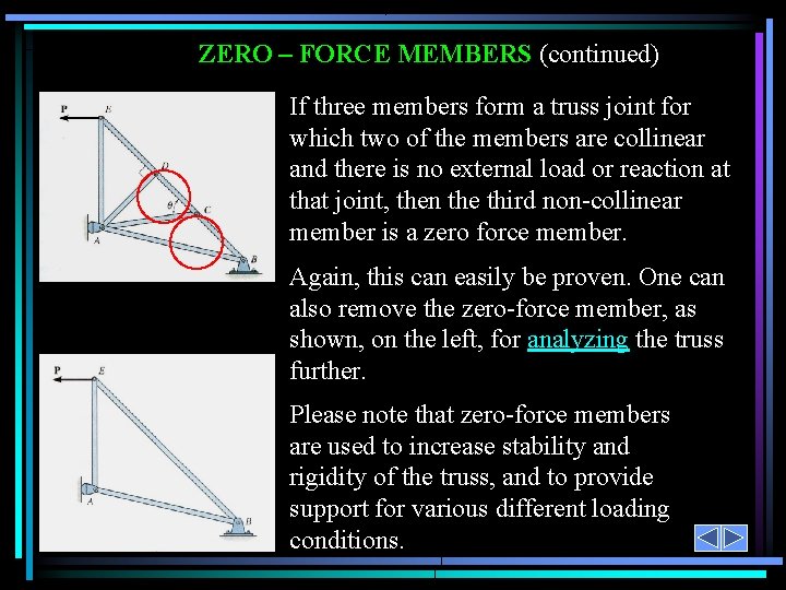 ZERO – FORCE MEMBERS (continued) If three members form a truss joint for which