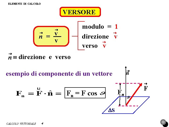 ELEMENTI DI CALCOLO VERSORE modulo = 1 ® direzione v ® verso v ®