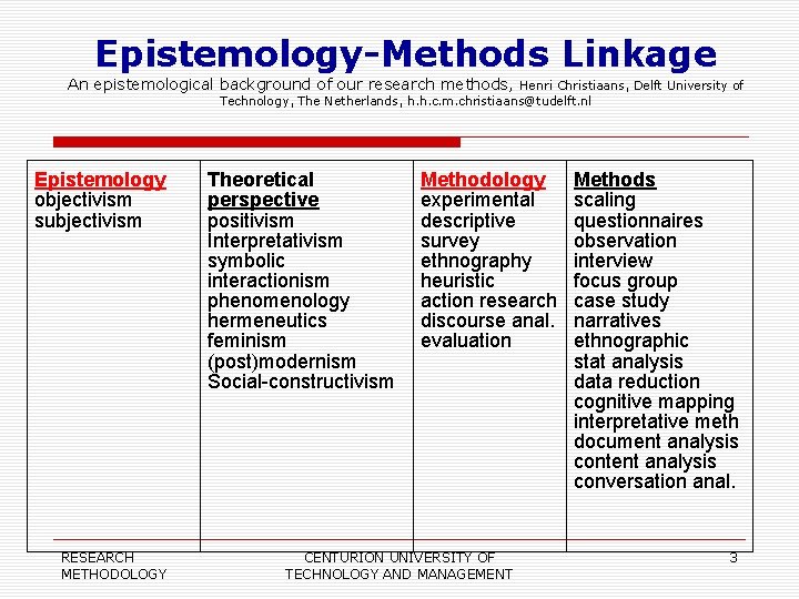 Epistemology-Methods Linkage An epistemological background of our research methods, Henri Christiaans, Delft University of