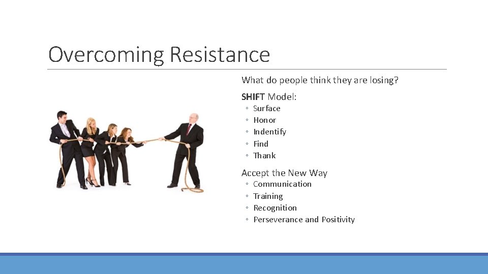 Overcoming Resistance What do people think they are losing? SHIFT Model: ◦ ◦ ◦