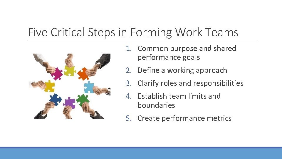 Five Critical Steps in Forming Work Teams 1. Common purpose and shared performance goals