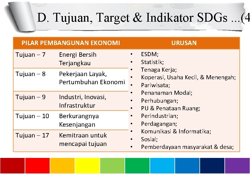 D. Tujuan, Target & Indikator SDGs. . . (4 PILAR PEMBANGUNAN EKONOMI Tujuan –