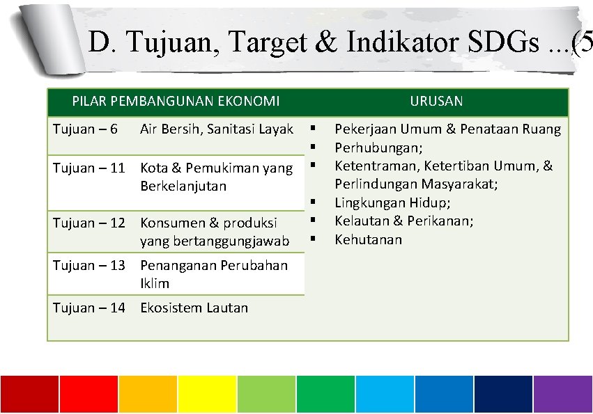 D. Tujuan, Target & Indikator SDGs. . . (5 PILAR PEMBANGUNAN EKONOMI Tujuan –