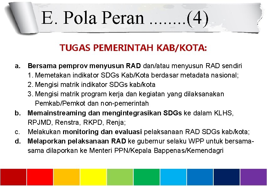 E. Pola Peran. . . . (4) TUGAS PEMERINTAH KAB/KOTA: a. Bersama pemprov menyusun