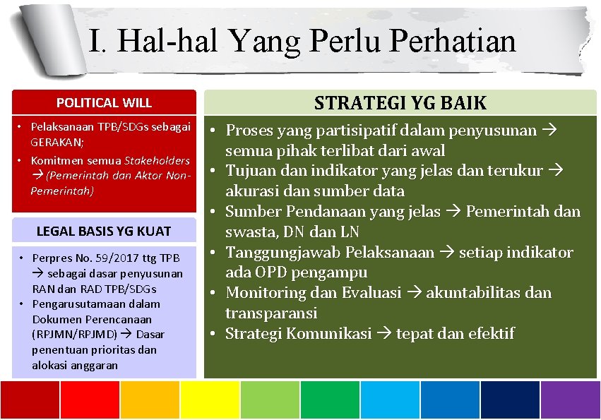 I. Hal-hal Yang Perlu Perhatian POLITICAL WILL • Pelaksanaan TPB/SDGs sebagai GERAKAN; • Komitmen