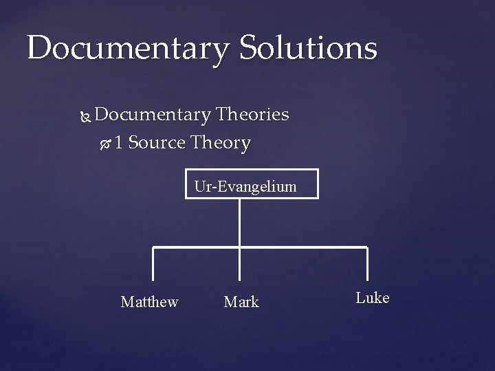 Documentary Solutions Documentary Theories 1 Source Theory Ur-Evangelium Matthew Mark Luke 