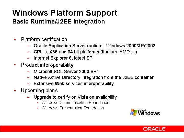 Windows Platform Support Basic Runtime/J 2 EE Integration • Platform certification – Oracle Application