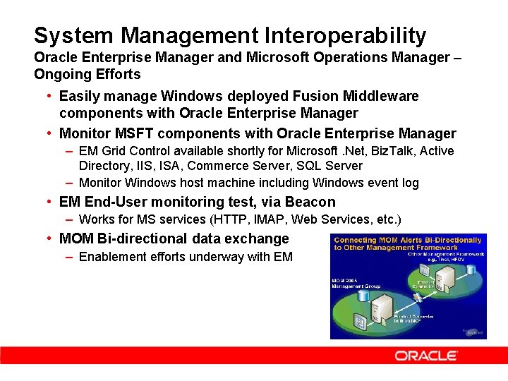 System Management Interoperability Oracle Enterprise Manager and Microsoft Operations Manager – Ongoing Efforts •