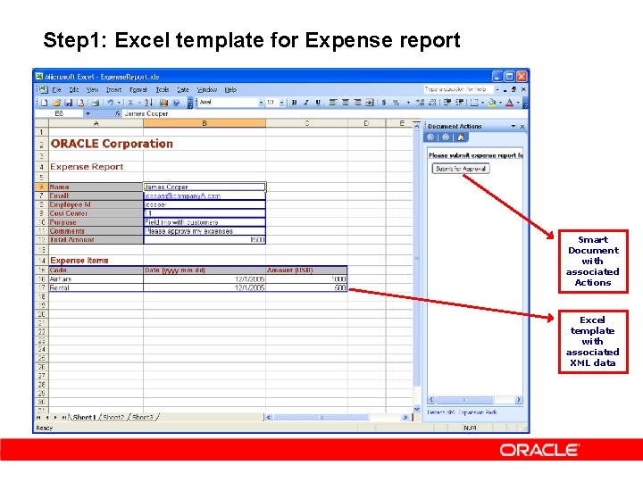 Step 1: Excel template for Expense report Smart Document with associated Actions Excel template