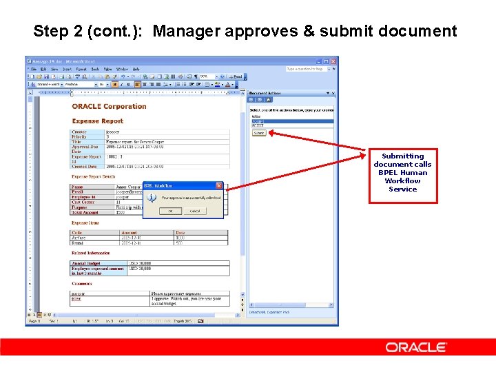 Step 2 (cont. ): Manager approves & submit document Submitting document calls BPEL Human