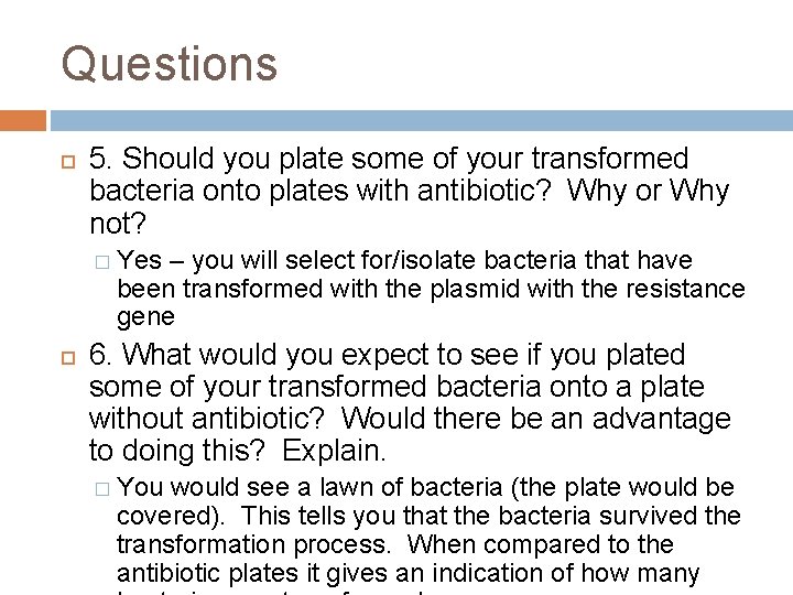 Questions 5. Should you plate some of your transformed bacteria onto plates with antibiotic?