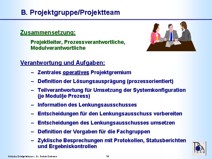 B. Projektgruppe/Projektteam Zusammensetzung: Projektleiter, Prozessverantwortliche, Modulverantwortliche Verantwortung und Aufgaben: – Zentrales operatives Projektgremium – B. Projektgruppe/Projektteam Zusammensetzung: Projektleiter, Prozessverantwortliche, Modulverantwortliche Verantwortung und Aufgaben: – Zentrales operatives Projektgremium –