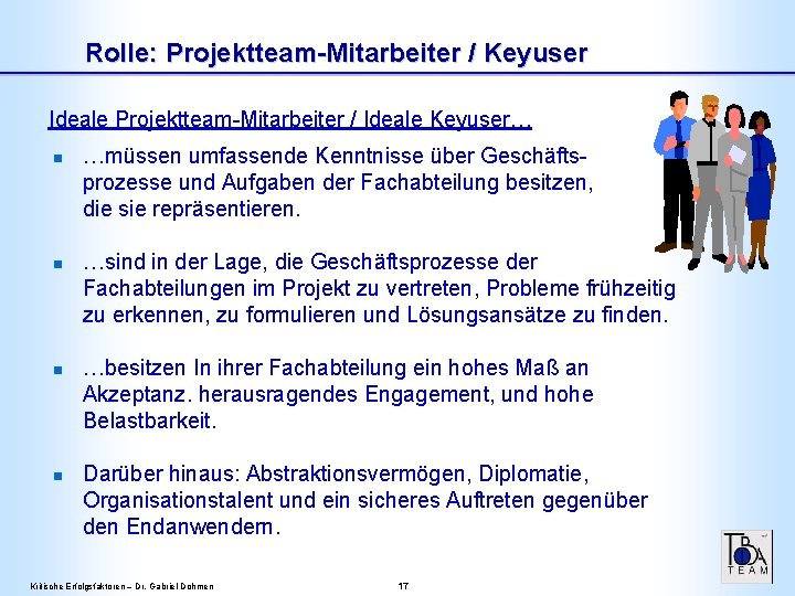 Rolle: Projektteam-Mitarbeiter / Keyuser Ideale Projektteam-Mitarbeiter / Ideale Keyuser… n n …müssen umfassende Kenntnisse Rolle: Projektteam-Mitarbeiter / Keyuser Ideale Projektteam-Mitarbeiter / Ideale Keyuser… n n …müssen umfassende Kenntnisse