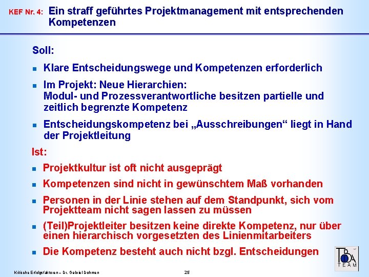 Ein straff geführtes Projektmanagement mit entsprechenden Kompetenzen KEF Nr. 4: Soll: n n n