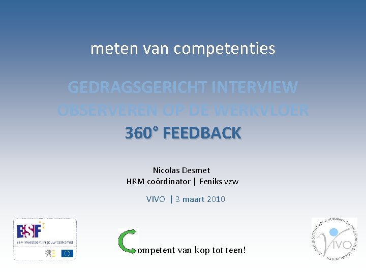 meten van competenties GEDRAGSGERICHT INTERVIEW OBSERVEREN OP DE WERKVLOER 360° FEEDBACK Nicolas Desmet HRM