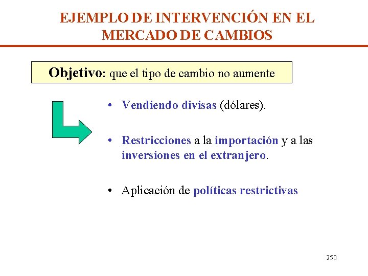 EJEMPLO DE INTERVENCIÓN EN EL MERCADO DE CAMBIOS Objetivo: que el tipo de cambio