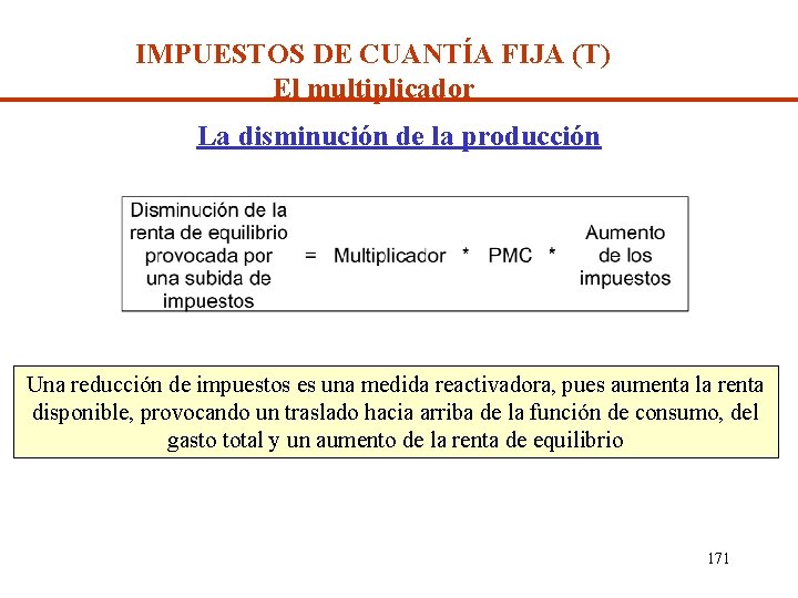 IMPUESTOS DE CUANTÍA FIJA (T) El multiplicador La disminución de la producción Una reducción