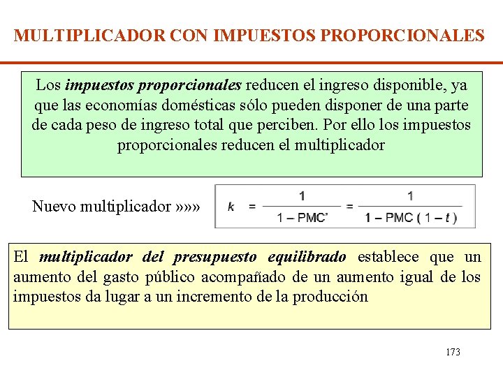 MULTIPLICADOR CON IMPUESTOS PROPORCIONALES Los impuestos proporcionales reducen el ingreso disponible, ya que las