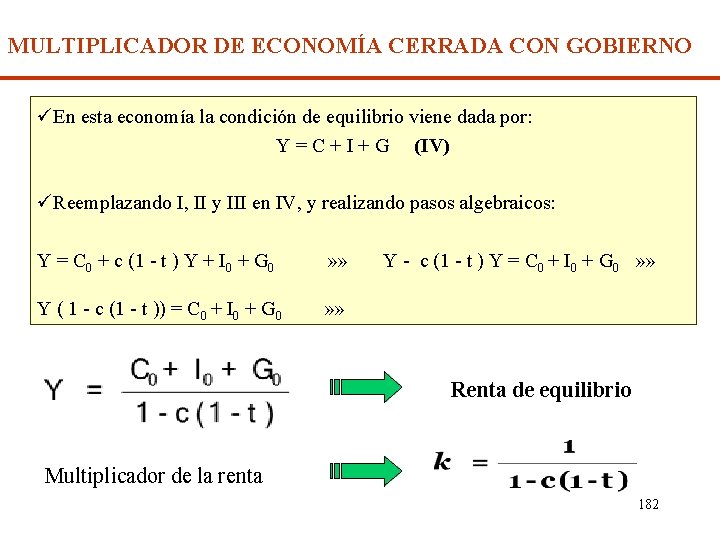 MULTIPLICADOR DE ECONOMÍA CERRADA CON GOBIERNO üEn esta economía la condición de equilibrio viene