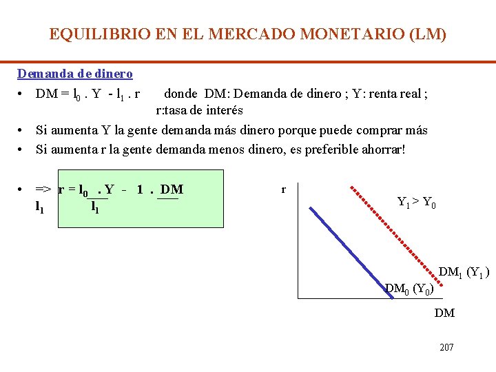 EQUILIBRIO EN EL MERCADO MONETARIO (LM) Demanda de dinero • DM = l 0.
