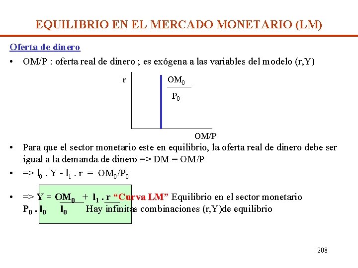 EQUILIBRIO EN EL MERCADO MONETARIO (LM) Oferta de dinero • OM/P : oferta real