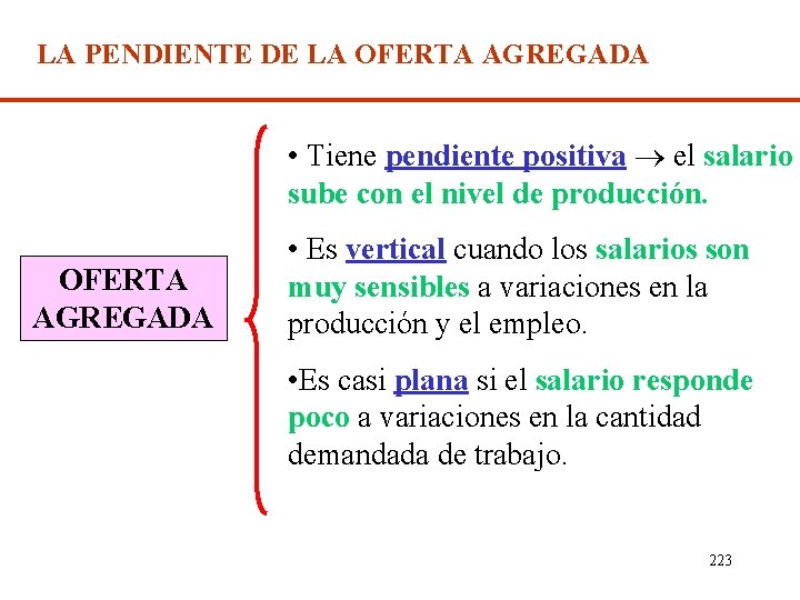 LA PENDIENTE DE LA OFERTA AGREGADA • Tiene pendiente positiva el salario sube con